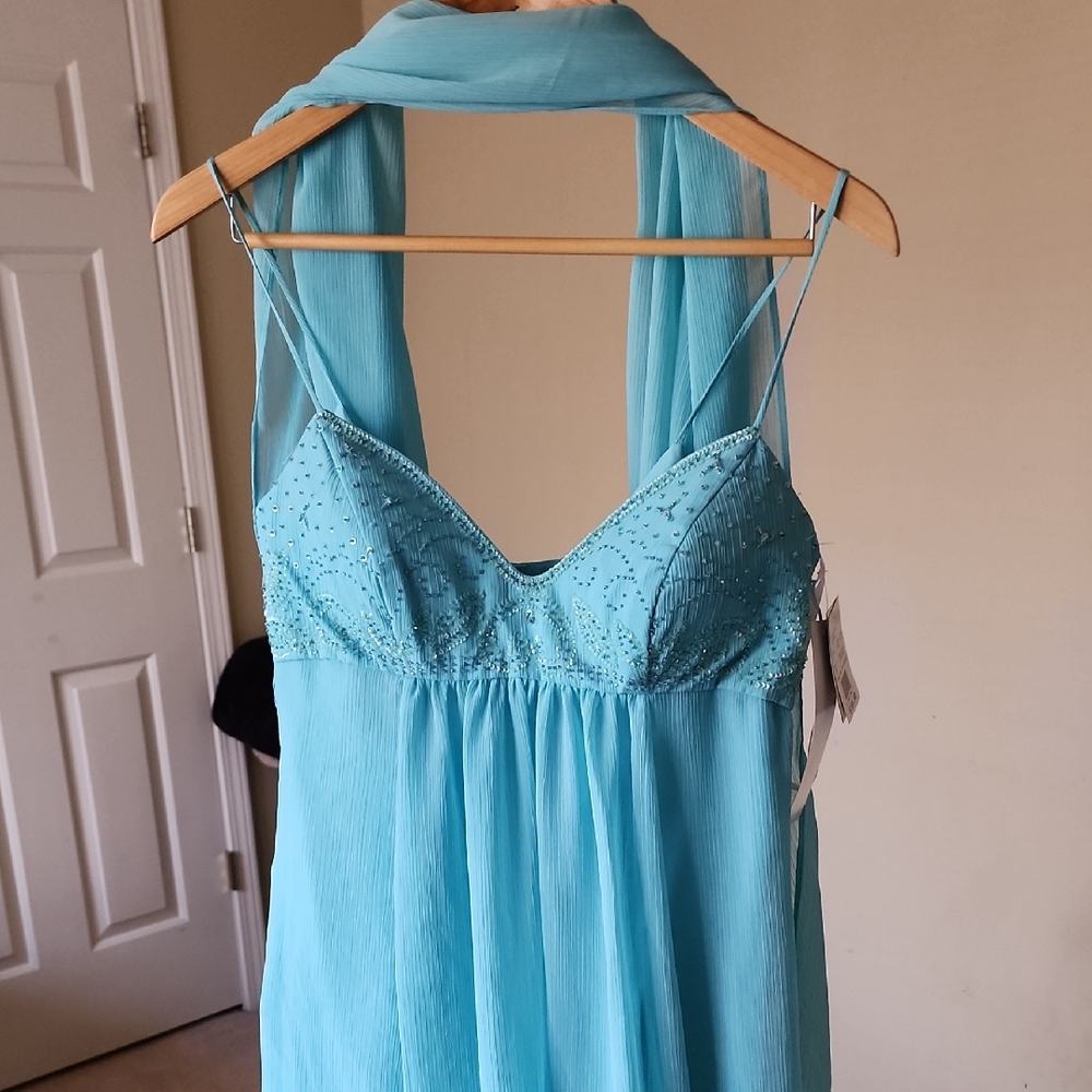 Beaded Light Blue Floor length Dress with Scarf